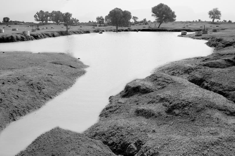 The 'johad' (pond) in the middle of the 'paitan'(catchment) and one of its inflow channels - village Binjharwali, Bikaner district, Rajasthan